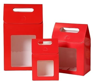 Bolsa de Regalo con Ventana Transparentes Bolsas de regalo con ventana transparente, papel kraft asa, for dulces, galletas y pasteles, 50 o 100 unidades(Red,27x16x9cm,50pcs)