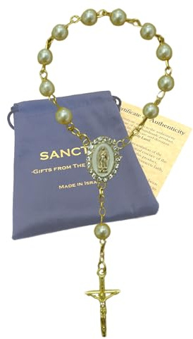 SANCTRA Chapelet de voyage à une dizaine, fait main et béni en Terre Sainte, chapelet à une dizaine avec médaille et crucifix, pochette cadeau et certificat d'authenticité