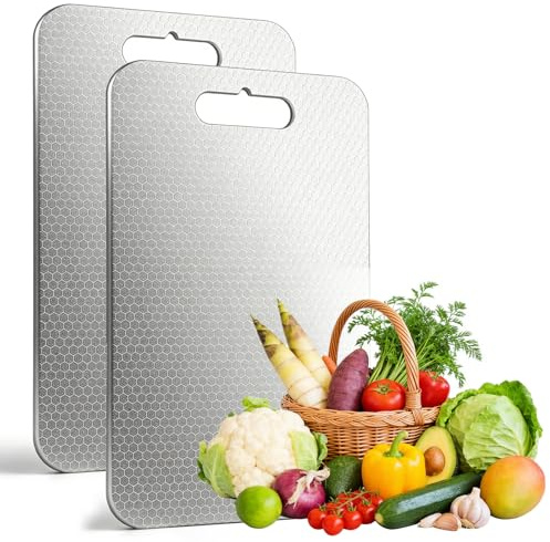 2 Stücke Edelstahl Schneidebrett, S316 Titanium Cutting Board misst 39×28 cm Doppelseitig für Fleisch Brot Gemüse und Obst