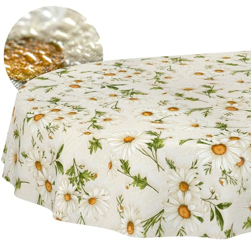 ANRO Nappe Lavable, Motif Marguerites Blanches, Ovale, 240 x 140 cm, imperméable, pour l'intérieur et l'extérieur, Effet Lotus, Bord coupé