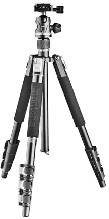 Mantona DSLM Travel Evolution 224 - leichtes Allround Reisestativ mit Vollausstattung, 360° Panorama Kugelkopf Arca-Swiss kompatibel, Aluminium, Fliplock Verschlüsse (Travel Evolution 2241-FA)