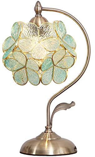 Bieye L10733 Tiffany Style Stained Glass Flower Petal Table Lamp with Brass Base for Home Décor (Light Blue, 8 Cherry Blossom)