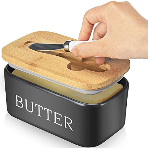 Butter Dish with Lid, Ceramic Butter Dish with Knife 640ml Large Capacity with Double Silicone Seals for Better Freshness Perfect for Room Decor Kitchen Decor Black