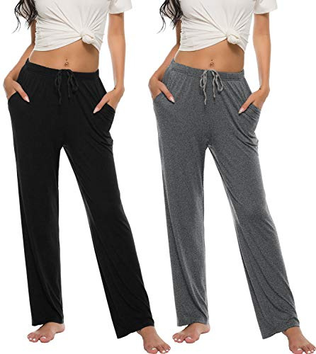 MoFiz Dampyjamasbyxor långa mjuka pyjamasbyxor, Mörkgrå + svart, XS | Sovbyxor, lösa, enfärgade, 2 fickor, elastiskt band med dragsko, loungebyxor nattkläder, fritidsbyxor, yogabyxor