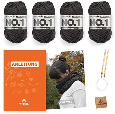 myboshi Strickset Rundschal Rochester, inkl. No.1 Wolle, Nadel und Anleitung, für Mützen und Schals, Strickpaket, 30% Merinowolle Grau, mit Rundstricknadel