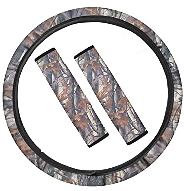 UOIMAG Jagd Camouflage Auto Innenausstattung Zubehör 3 Stück, Universal Auto Lenkradbezug, Weiche Sicherheitsgurt Schultergurt Pads