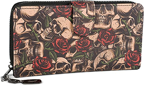 styleBREAKER Damen Geldbörse mit Allover Totenkopf Rosen Print, Reißverschluss und Druckknopf, Portemonnaie 02040151, Farbe:Schwarz-Bunt
