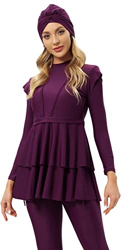 OBEEII –Muslimische Badeanzug Damen Neu 3 Stück Langarm Modest Bademode Islamisch Arabisch Schwimmkostüm Hijab Burkini Full Cover Muslim Swimsuits Rotwein L