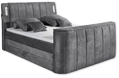 DALLAS 6 Boxspringbett 180x200 mit Bettkasten, Anthrazit - Bequemes Doppelbett mit motorisierter TV-Halterung & LED-Beleuchtung - 186 x 126 x 244 cm (B/H/T)
