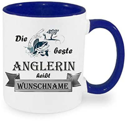 Crealuxe Kaffeetasse - Die Beste Anglerin heißt (Wunschname) - Spruchtasse, Bürotasse, bedruckte Keramiktasse, Tasse mit Spruch, Hochwertige Kaffeetasse, Tasse personalisiert (Blau)