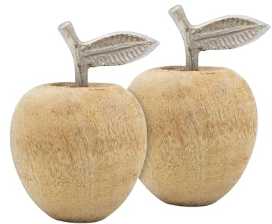 Spetebo Holz Apfel mit silbernem Stiel 15 cm - 2er Set - Deko Früchte aus Mango Holz - Rustikaler Tisch Schmuck für den Innenbereich Herbst Deko Figur Obst