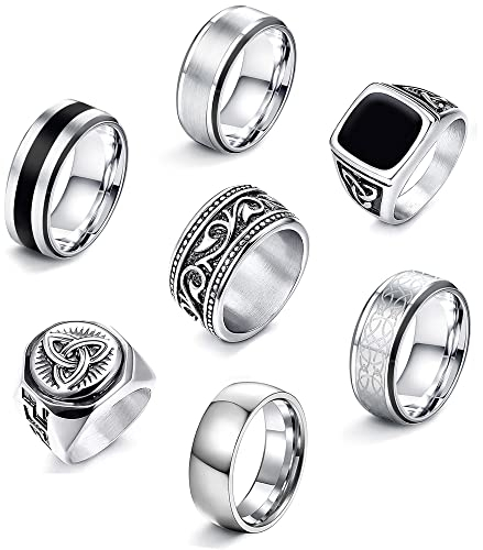 JeweBella 7 Stück Ringe Edelstahl Herren Silber Matt Poliert Keltischer Knoten Vintage Siegelring Gravur Gothic Biker Set für Männer