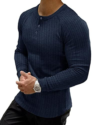 Muscle Cmdr Muscle Henley Shirt Herren Langarm, Slim-fit Langarmshirt, Freizeit T-Shirt aus Baumwolle mit Kurzen & Langen Ärmeln,Schlanke Passform Geripptes Hemd