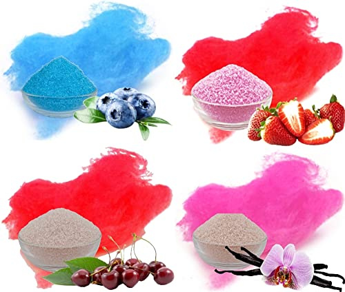 4x 100g = 400g Aromazucker Set mit Geschmack Erdbeer Vanille Kirsche Heidelbeere farbiger Zucker für Zuckerwatte