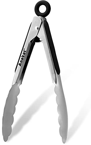 Anaeat 7 Mini Cooking Tong Stainless Steel - Sturdy Coiled Spring Locking Kitchen Food Tong with Non-Slip Silicone Grip for Serving, Cooking, Baking - Heat Resistant up to 480°F (Black)