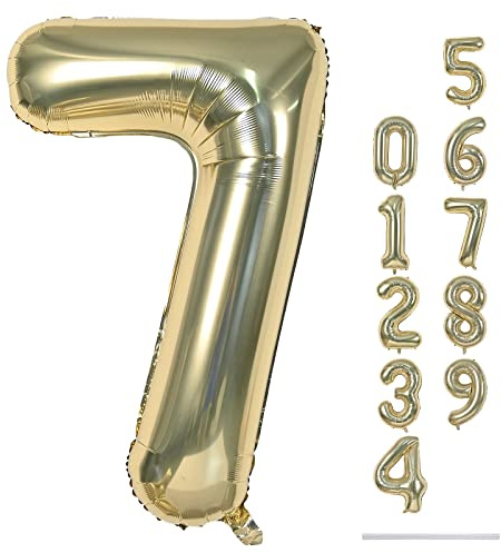 40'' Champagne Gold Number 7 Balloon, Self Inflating Foil Number Balloons Set 0-9, Light Gold Digital 7 Helium Balloon for Girls Boys 7th Birthday Graduation Party Decorations Anniversary Supplies