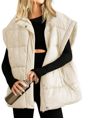 Songling Womens Oversized Puffer Vest Stand Collar Full Zip Sleeveless Bubble Puffer Vest Quilted Padded Warm Coat Outwear (Beige,L)