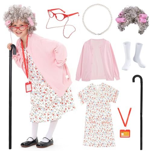 FAYBOX 9 pcs Old Lady Costume for Kids,100 Days of School Costume Old Lady Wig for Girls, Granny Grandma Dress Up