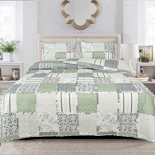 B&B Double Bedding 3 Piece Printed Patchwork Bedspread Quilted Bed Throw Comforter with Pillow Shams Decorative Warm Quilt Blanket OLIVE (Des 1)