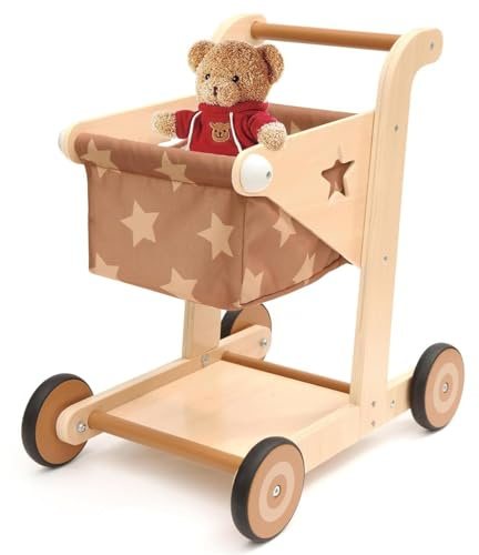 Asweets 2 in 1 Wooden Baby Walker Push and Pull Doll Stroller, Shopping Cart Learning Walker for Boys and Girls, Sit Stand Learning Toddler Toy (Brown)