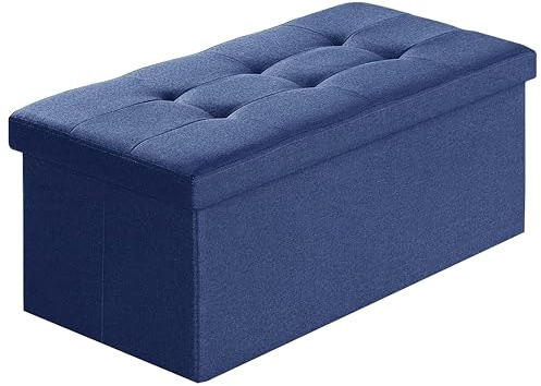 A406 Folding Ottoman Storage Box with Lids Pouffe Storage Unit Bench Foot Rest Stool Linen Fabric Bench with Resilient Sponge for Bedroom, Living Room & Entryway, Navy (Navy-Linen.76cm)