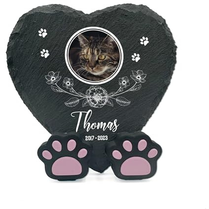 TULLUN Personalisierte Gedenktafel in Herzform Pfoten ständer für Haustier Katze Hund Schiefer Stein Rahmen Pelziger Freund Natürlich Grabstein | 10 x 10 cm | - Blumen