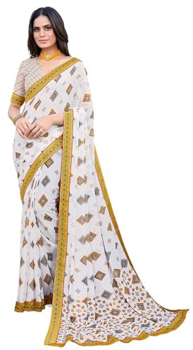 IMTRA FASHION Sari de georgette indio para mujer, estampado con borde de encaje y blusa sin costuras, Blanco y amarillo., L