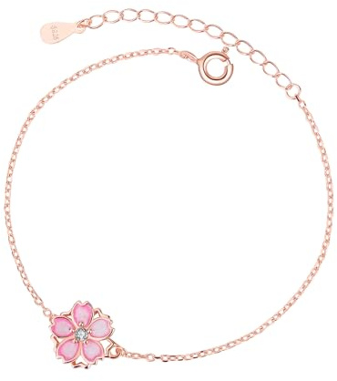 Belons Damen Armband Kirschblüte 925 Sterling Silber Zirkonia Drehbar Sakura Charm Armband Mädchen Armkette Armkettchen Kinder Fußkettchen