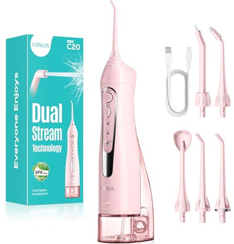 COSLUS Water Dental Flosser Teeth Pick: 2026 Upgraded Portable Cordless Waterproof Flossing 300ML Rechargeable Travel Irrigation Cleaner IPX7 Pink