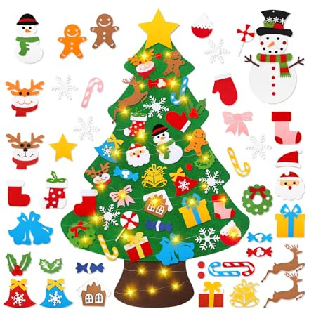 Weihnachtsbaum, 1,02 m/ 40-teilig DIY Beleuchteter Filz-Weihnachtsbaum-Set, mit 5m Lichter-Lichtschlauch, Schneemann-Zubehör und zahlreichen abnehmbaren Dekorationen, für Kinder Geschenk