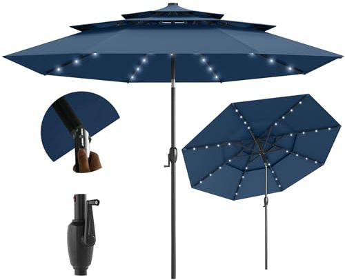 SPOTRAVEL 3M 3-Tier Garden Parasol, Outdoor Patio Umbrella with LED Solar Lights, 8 Heavy Duty Ribs & Crank Handle, Extra Large Table Parasol for Market Poolside Yard (Navy)