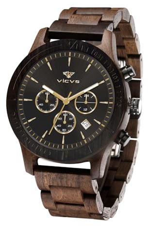 VICVS Men's Wooden Watch, Natural red Sandalwood/Black Walnut Japanese Quartz Multi-Function Chronograph (Walnut Black)