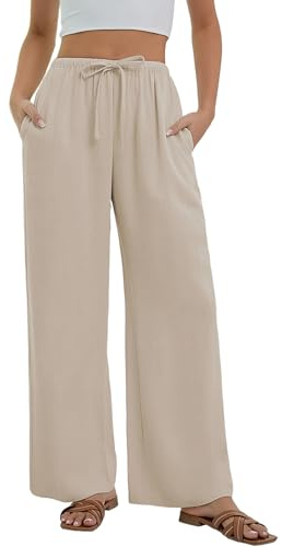 Stamain Linen Trousers for Women Summer Khaki Wide Leg Trousers Ladies Elastic Waist Light Weight Palazzo Pants with Pockets for Beach Holiday S