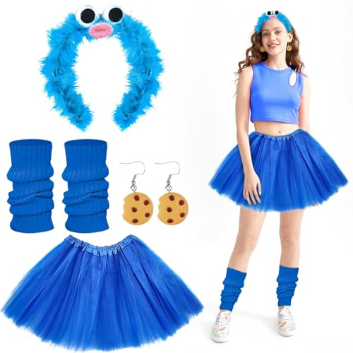 Henjunu Krümelmonster Kostüm Damen,Krümelmonster Kostüm Accessories | Krümelmonster Haarreif+Keks Ohrringe Krümelmonster+Tüllrock Blau+Stulpen Damen Blau,Halloween Kostüm,Fasching,Karneval Kostüm