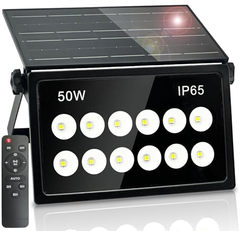 BOSITE Solar Strahler Außen 50W, Solarlampen für Außen mit Fernbedienung, 6500K Kaltweiß Super Helle LED solar strahler außen, IP65 Wasserdichte Strahler mit Solar für Garten Hof Garage Haustüren