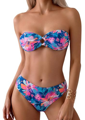 GORGLITTER Sexy Bandeau Bikini Set Damen Trägerloser Bikini Mit Blumen Zweiteiler Badeanzug High Waist Bikinis Tanga Bademode Swimsuit Blau M