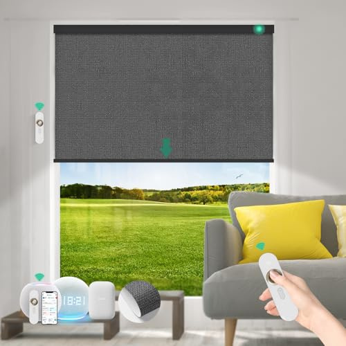 Bliwans Motorized Blinds with Remote [100% Blackout & Silent Motor] Smart Blinds Compatible with Alexa Google HomeKit, Electric Roller Shades for Indoor Windows, Customized Size, Crossweave Charcoal