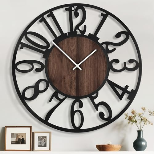 Mee 2ou 80cm Wanduhr, Leise Vintage Metall Uhr mit Holz-Zifferblatt, Batterie XXL Wanduhr im Landhausstil für Wohnzimmer, Schlafzimmer, Küche, Büro, Wanddeko