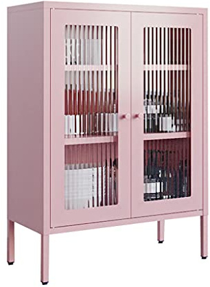Double-Door Storage Cabinet, Iron Sideboard/Cupboard/Wine Cooler, 3-Layer Storage Unit for Kitchen and Living Room, Glass Cabinet Doors
