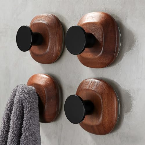 YIGII Suction Cup Hooks, 4 Pack Wood Suction Hooks for Shower Bathroom Towel Hook Holder Shower Hooks Hanging Towels, Loofah, Robe, Coat