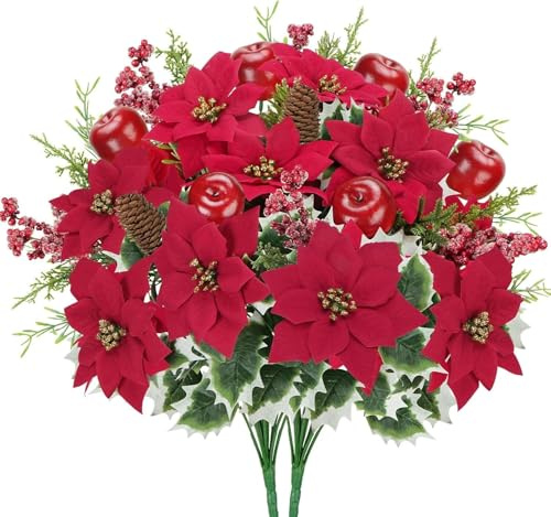 FALSKT Stelle di Natale Finte Stella di Natale Artificiale 50cm Fiori Finti Natalizi con mele di Natale, pigne e bacche artificiali per Vaso Seta per Decorazioni Natalizie Casa e Feste