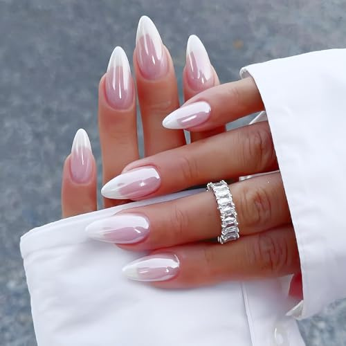 24PCS Chrome White French Tip Acrylic Press-On Nails, Medium Almond Shape with Jelly Adhesive Tabs, Pearl Gradient Glazed Nail Kit for Women, Natural Pink Stick-On for Office or Daily Wear