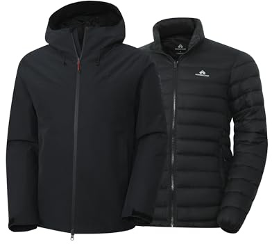 Pioneer Camp Giacca impermeabile da uomo 3 in 1, impermeabile con fodera in piuma, berretto regolabile, orlo e polsini, adatto per attività all'aperto, Nero , S