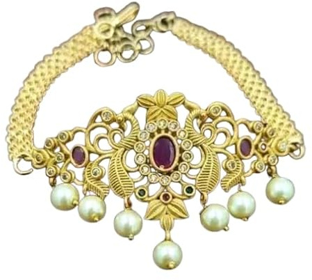 Collana girocollo tradizionale placcata oro con gocce di perle, pietra centrale rubino, accenti di cristallo, design floreale