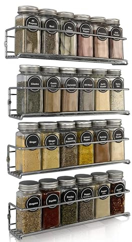 bekväm kryddhylla vägg, 4 x kryddhylla hängande av metall för 24 glas – 29 x 6 x 6 cm – kryddorganisatör inkl. monteringsmaterial för limning eller borrning (silver)