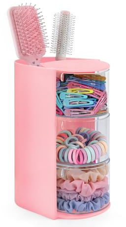 neotidy Hair Accessories Organizer with Hair Brush Holder, Rotating Hair Tie Product Organizer for Girls, 3-Tier Makeup Brush Holder for Clips, Bows & Brushes (Pink, 3-Tier)
