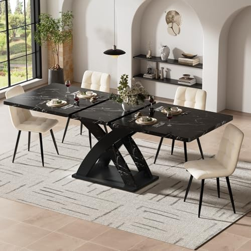 LORISMAI Ausziehbarer Esstisch,Küchentisch, Balkontisch, Esstisch aus Holz, ausziehbarer 120–160 cm, Platz für bis zu 6 Personen, schwarz
