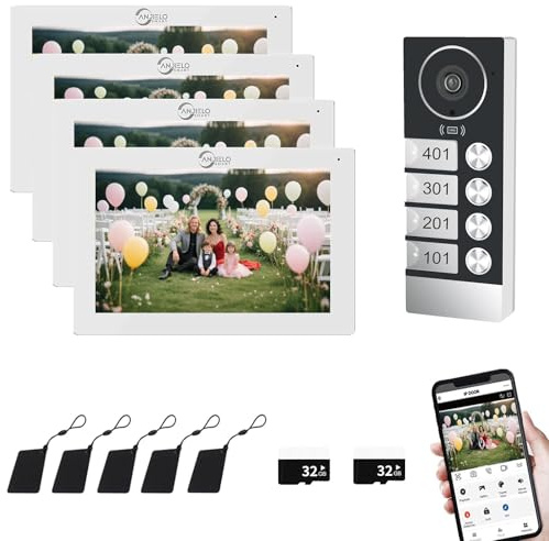 Wired Apartment Video Door Intercom System with 4 Units,TUYA 7inch Video Doorbell Intercom System,1080P Doorbell and HD Camera,Supports Indoor and Outdoor Monitoring (bell+4 white monitor)