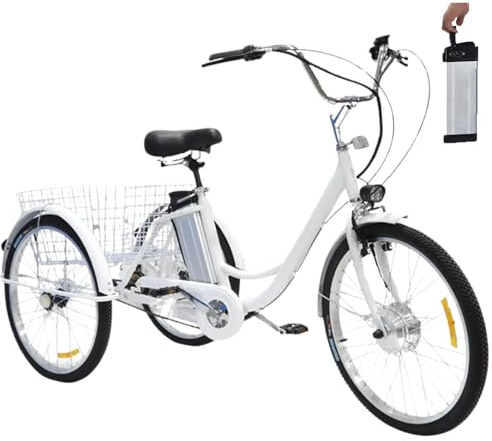hKjPlvf 24 Elektro-Dreirad für Erwachsene, mit Einkaufskorb, weichem Sitz – einstellbare Höhe (29,5''-33,4''), 36V 12Ah herausnehmbarer Akku – 30km Reichweite, Tragkraft 330 lbs White