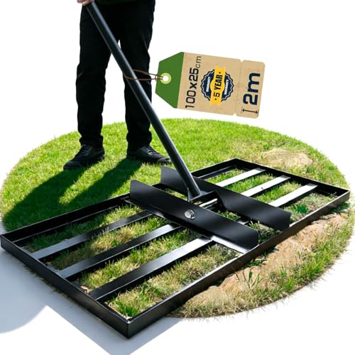 Warmfay Rastrillo de césped de 100 x 25 cm, incluye mango de metal ajustable de 2 m con sistema de rosca, práctico y robusto rastrillo de nivelación para jardín, campo de golf, cuidado del césped